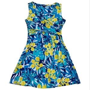 Land's End Tropical Floral Blue And Yellow Dress Women's Size Medium Midi Wrap